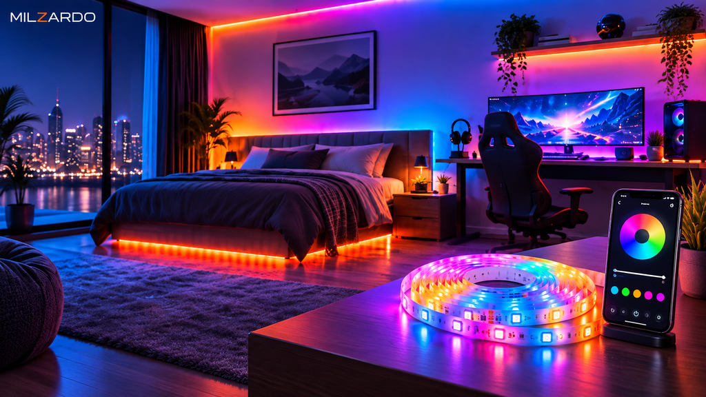 Habitación iluminada con tira LED RGB controlada desde una aplicaión móvil.