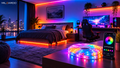 Habitación iluminada con tira LED RGB controlada desde una aplicaión móvil.